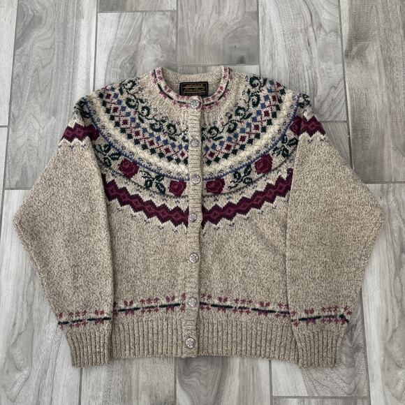 Vintage 1990 Eddie Bauer Fair Isle Wool Button Cardigan Sweater Women's Sz L - Picture 1 of 9